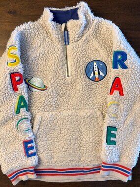 Mini Boden Ivory Space Race Embroidered Sherpa Half Zip Pullover Jacket 7-8 Yrs